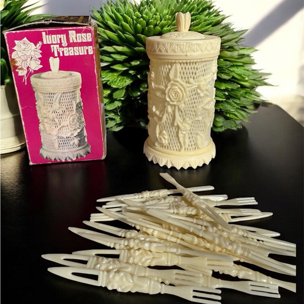 Vintage Celluloid Hors d’Oeuvres Fork Set w/Floral Holder & Box